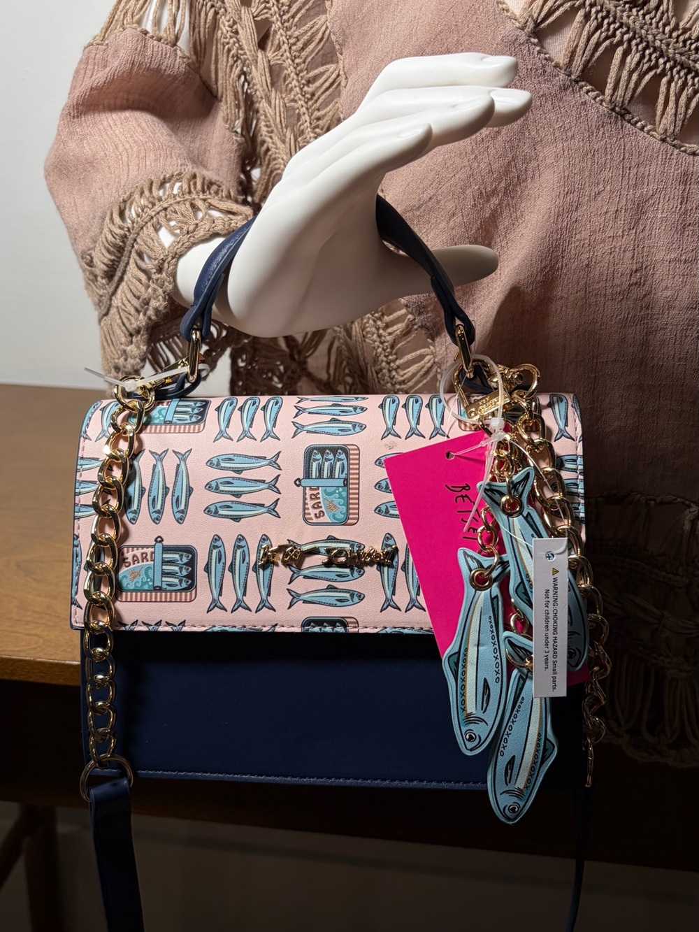 Betsey Johnson SARDINE BAG Pink & Navy Fish-Print Crossbody Satchel - Picture 6 of 15